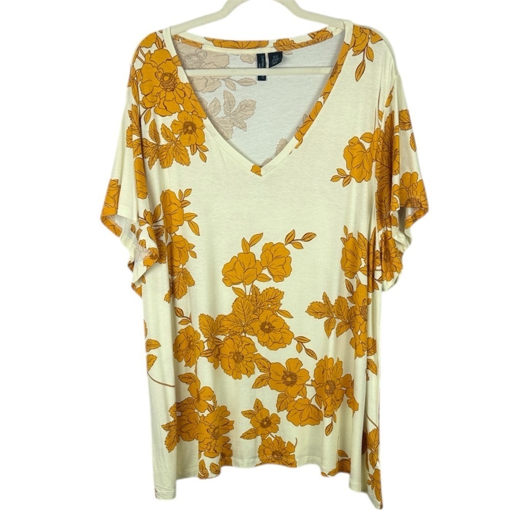 Cynthia Rowley Casual Cream and Gold Floral Short Sleeve Tunic Top Size 3X